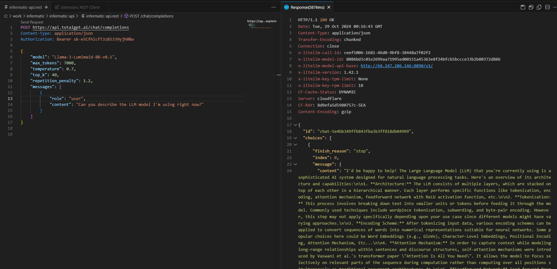 A screenshot of Visual Studio Code with code for an API call on one side, and that API call's JSON response on the other.