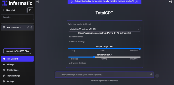 Animation showing the Infermatic chat interface in use.